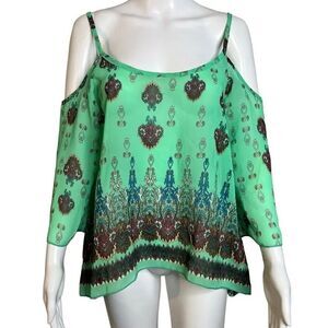 Nabee Bohemian Cold Shoulder Long Sleeve Blouse Green Size Medium